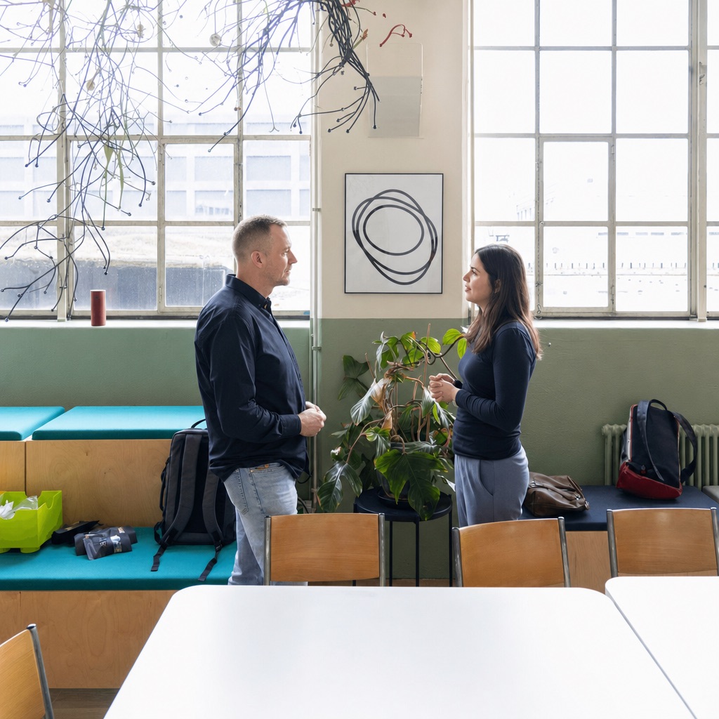 Zwei Teilnehmende im Gespräch im Workshopraum